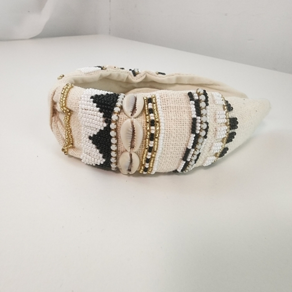 NEW Bohemian Beaded Shell Ivory Knot Headband - Picture 3 of 8